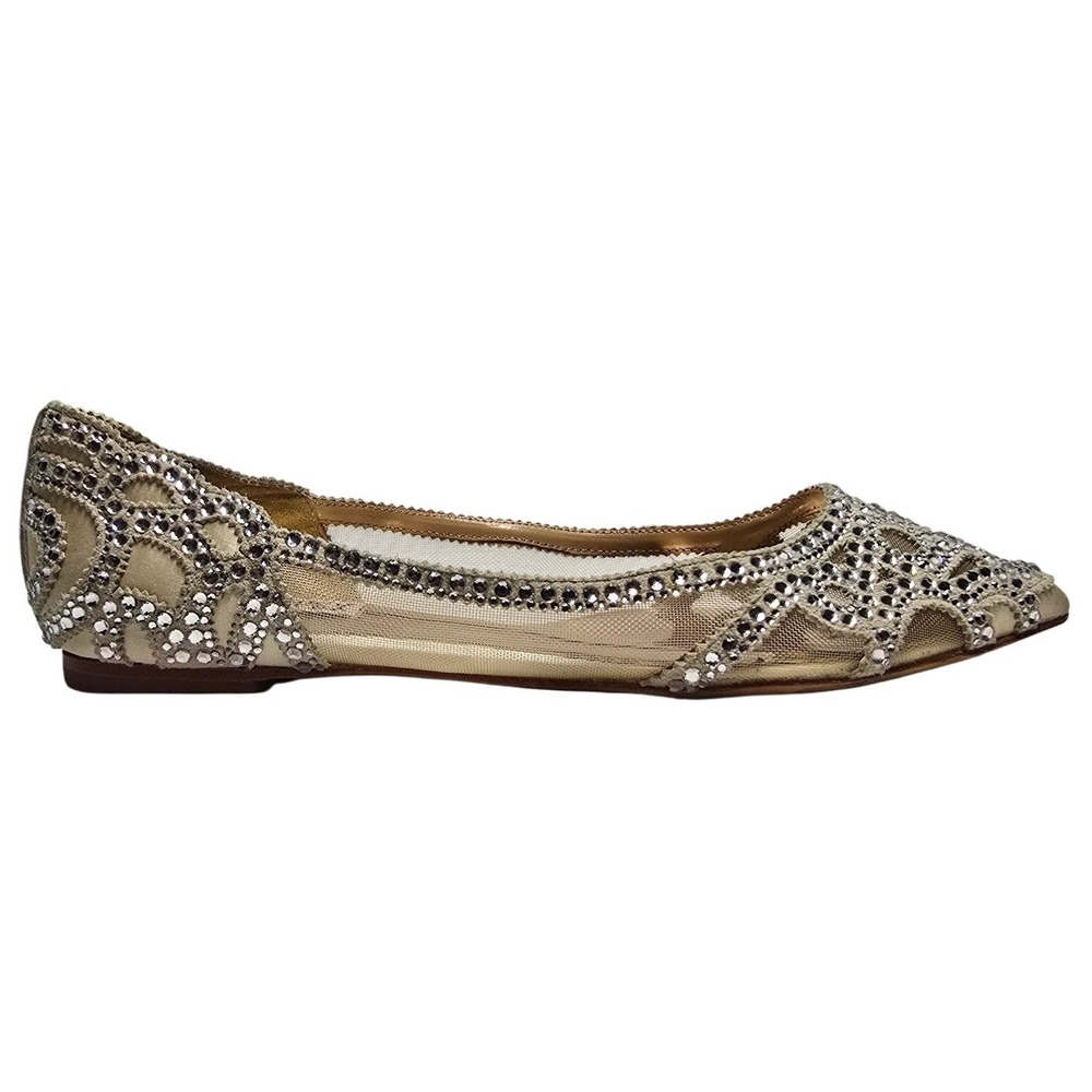Badgley Mischka GIGI Ivory satin Crystal Embellished Pointed Toe Flats 7 formal
